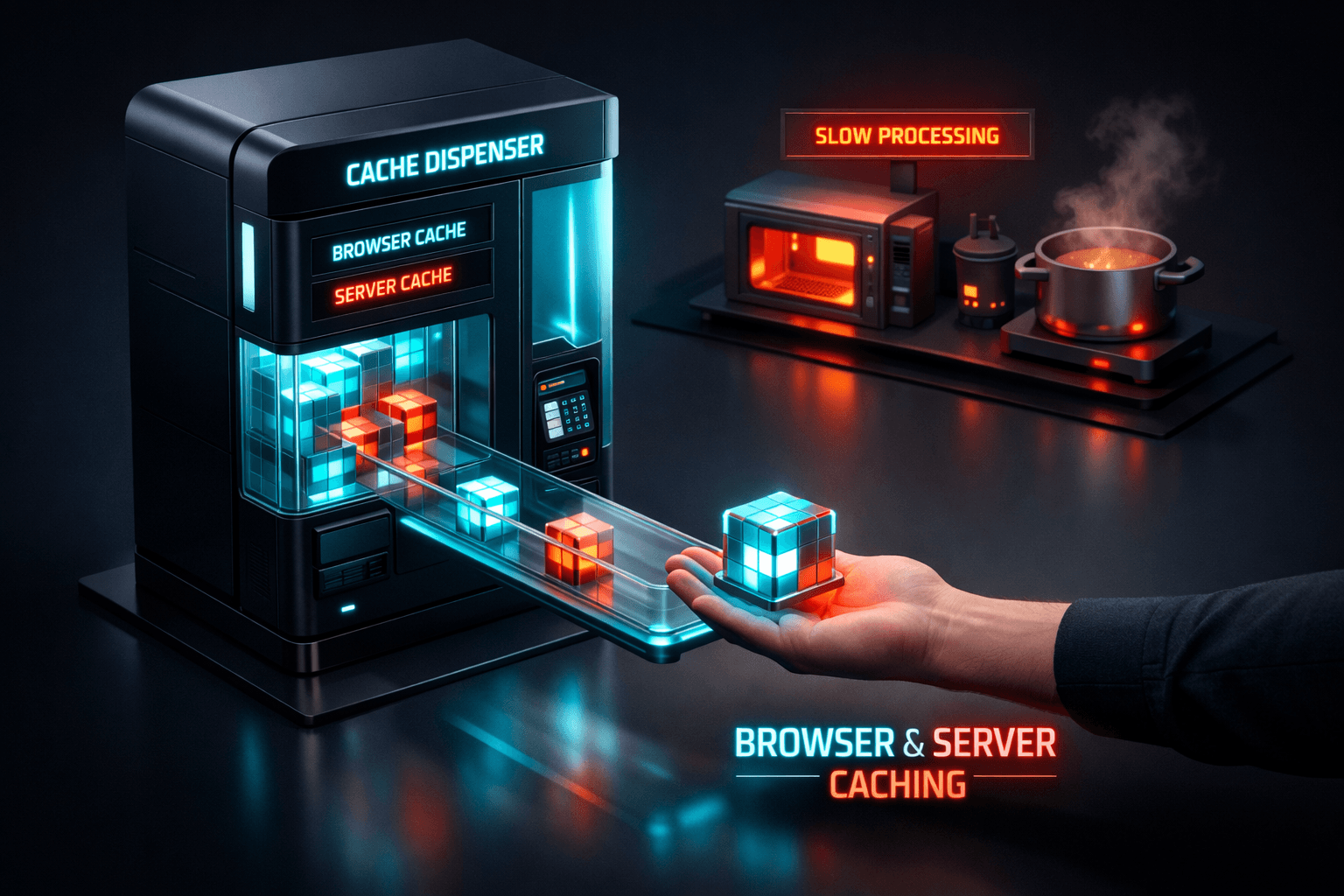 Futuristische Daten-Ausgabe: Ein Automat liefert fertige Datenpakete sofort aus, statt sie erst zu berechnen.