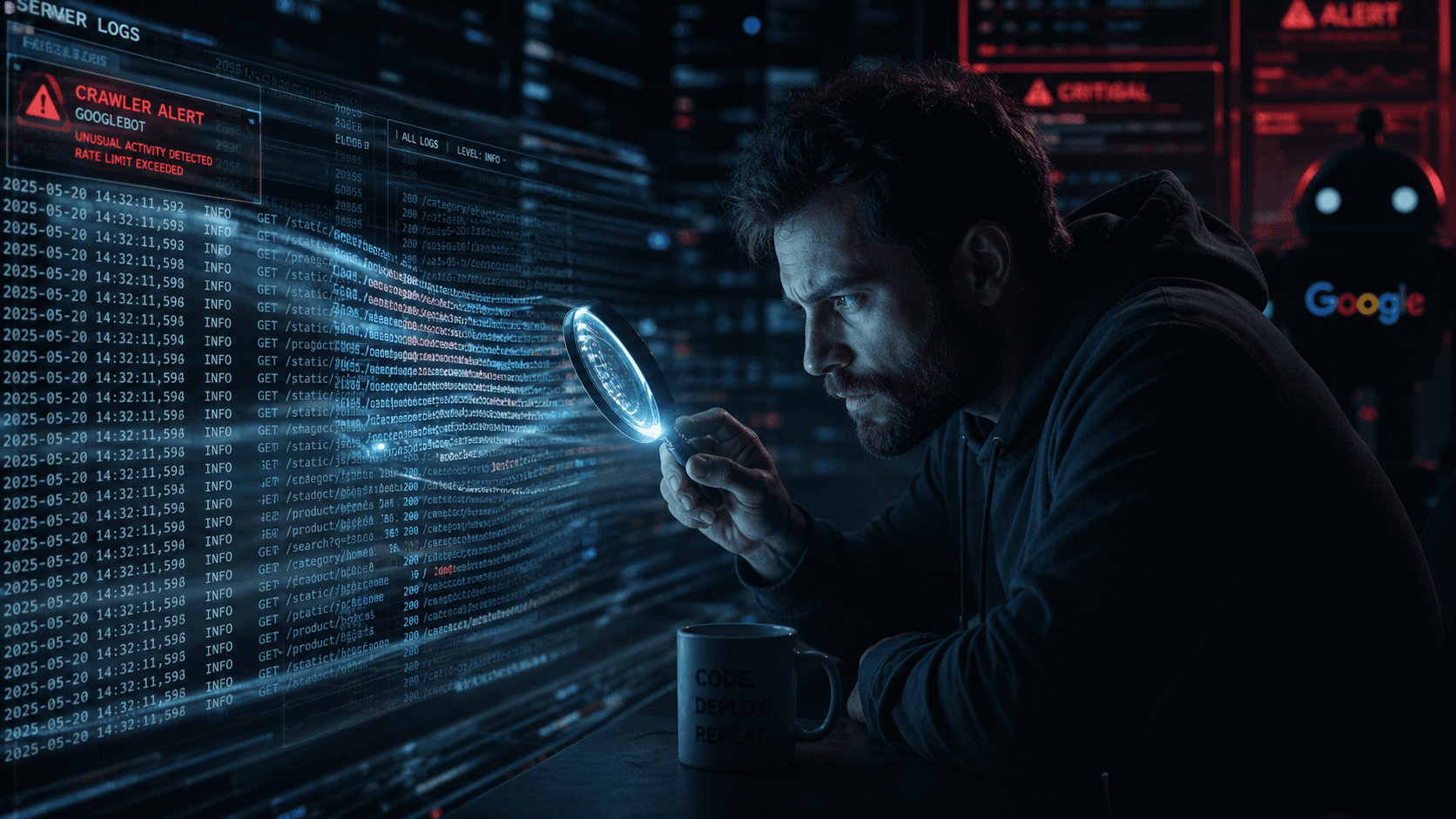 Ein Entwickler analysiert holografische Server-Logfiles mit einer Lupe, um den Googlebot aufzuspüren.