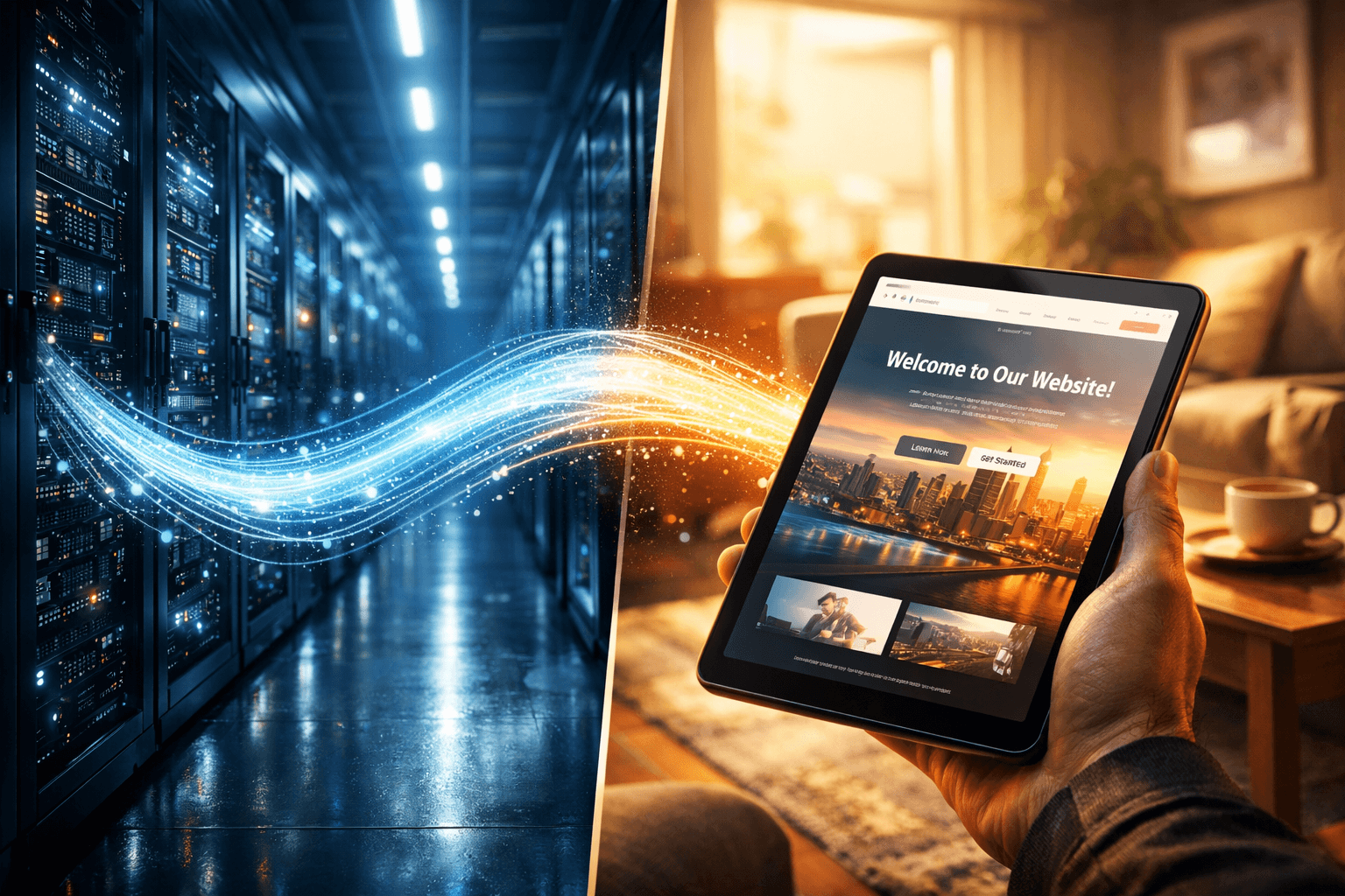 Geteilter Bildschirm: Links ein kühles Rechenzentrum, rechts ein Nutzer mit Tablet im sonnigen Wohnzimmer.
