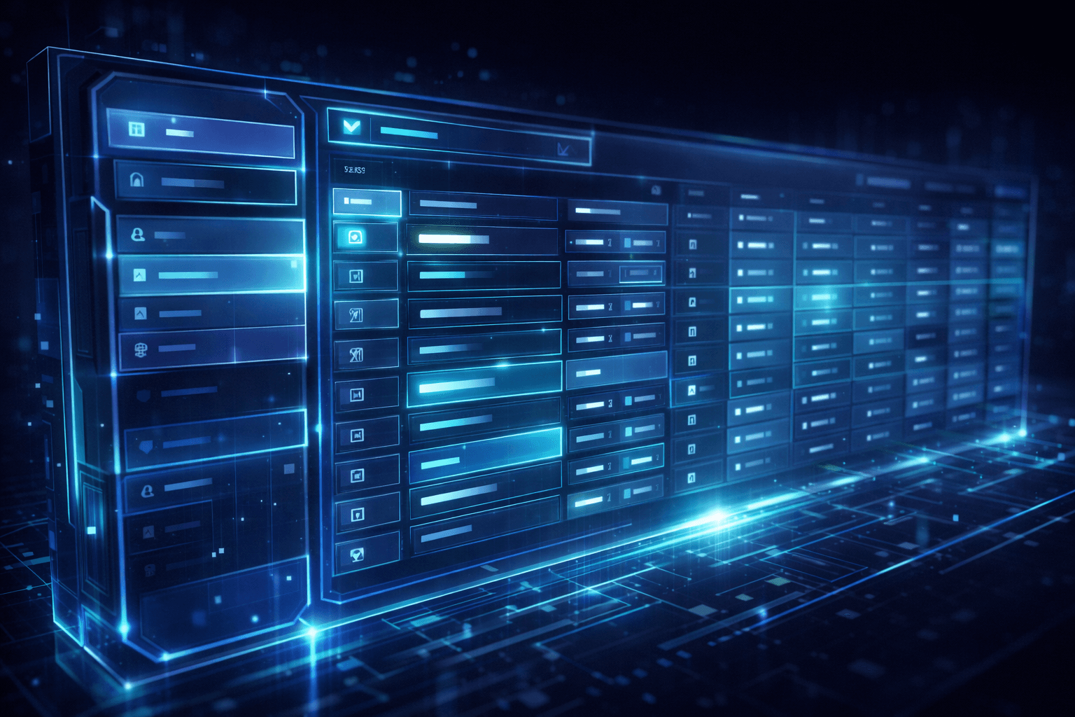 Nahaufnahme einer modernen, minimalistischen Benutzeroberfläche aus lichtbasierten Materialien. Links eine offene Sidebar, rechts eine detaillierte Datentabelle, beide aus vernetzten, leuchtenden Kacheln.