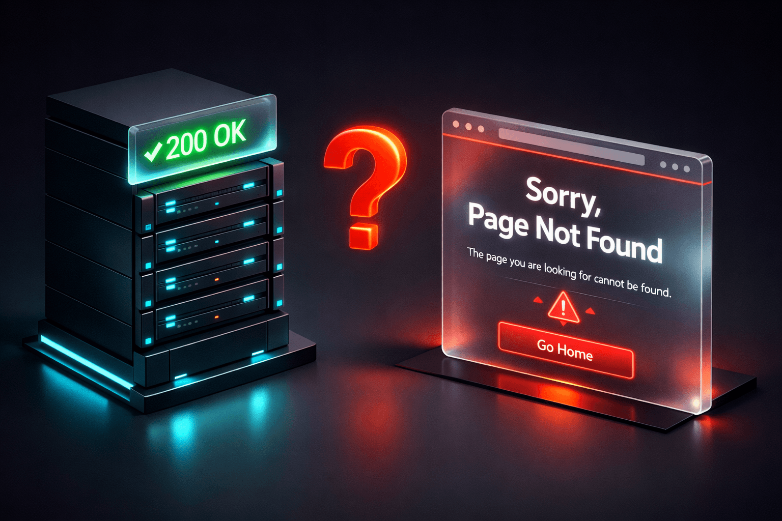 Visualisierung eines Soft 404 Fehlers: Der Server sendet technisch ein "OK", aber die Seite zeigt dem Nutzer eine Fehlermeldung.