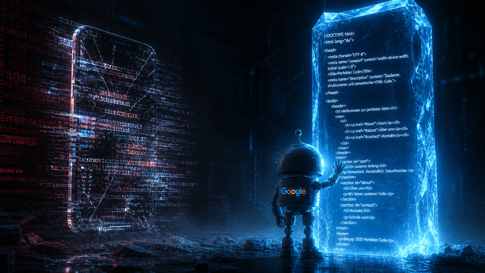 Ein Googlebot berührt einen soliden Kristall mit HTML-Code, der im starken Kontrast zu einem kaputten, flackernden SPA-Hologramm steht.