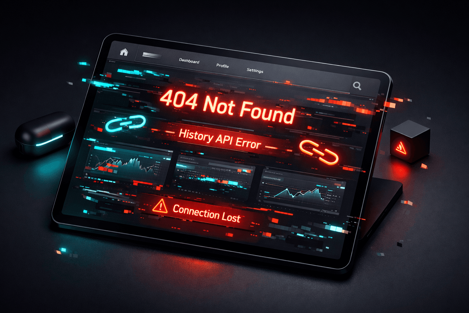 Eine futuristische Single-Page-Application auf einem Tablet, die offensichtliche technische Fehler und Glitches anzeigt.