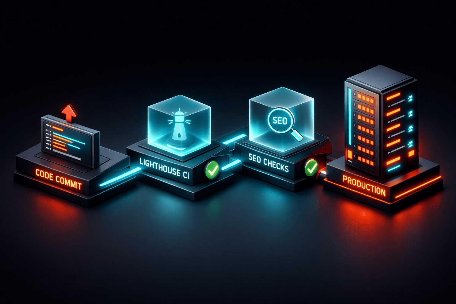 Eine automatisierte Software-Deployment-Pipeline, die SEO-Tests und Lighthouse-Checks vor der Veröffentlichung durchläuft.