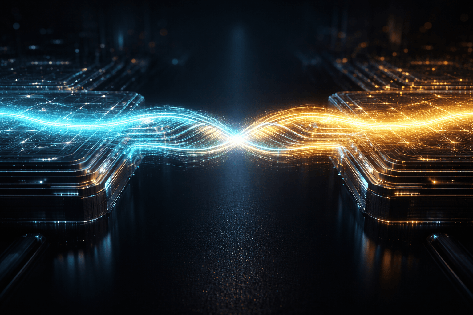 Eine nahtlose, leuchtende Brücke zwischen zwei digitalen Kontinenten, die perfekte Typensicherheit und die Verschmelzung von Frontend und Backend symbolisiert.