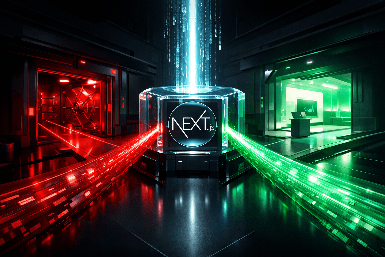 Ein gläserner Router teilt den Datenstrom in einen Admin-Tresor und eine öffentliche Bühne auf.