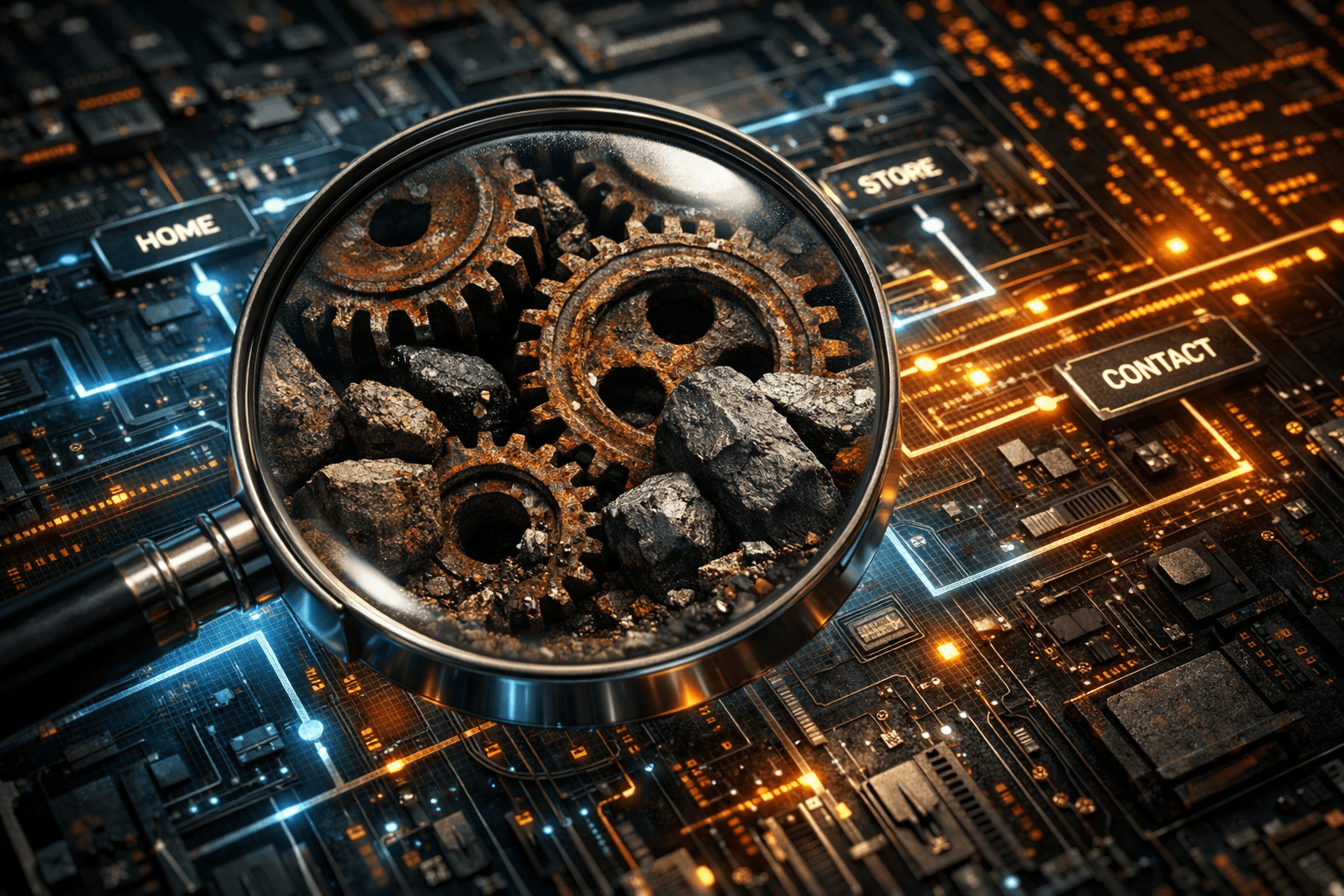Eine Vintage-Lupe untersucht eine digitale Platine und deckt rostige Zahnräder als Performance-Probleme auf.