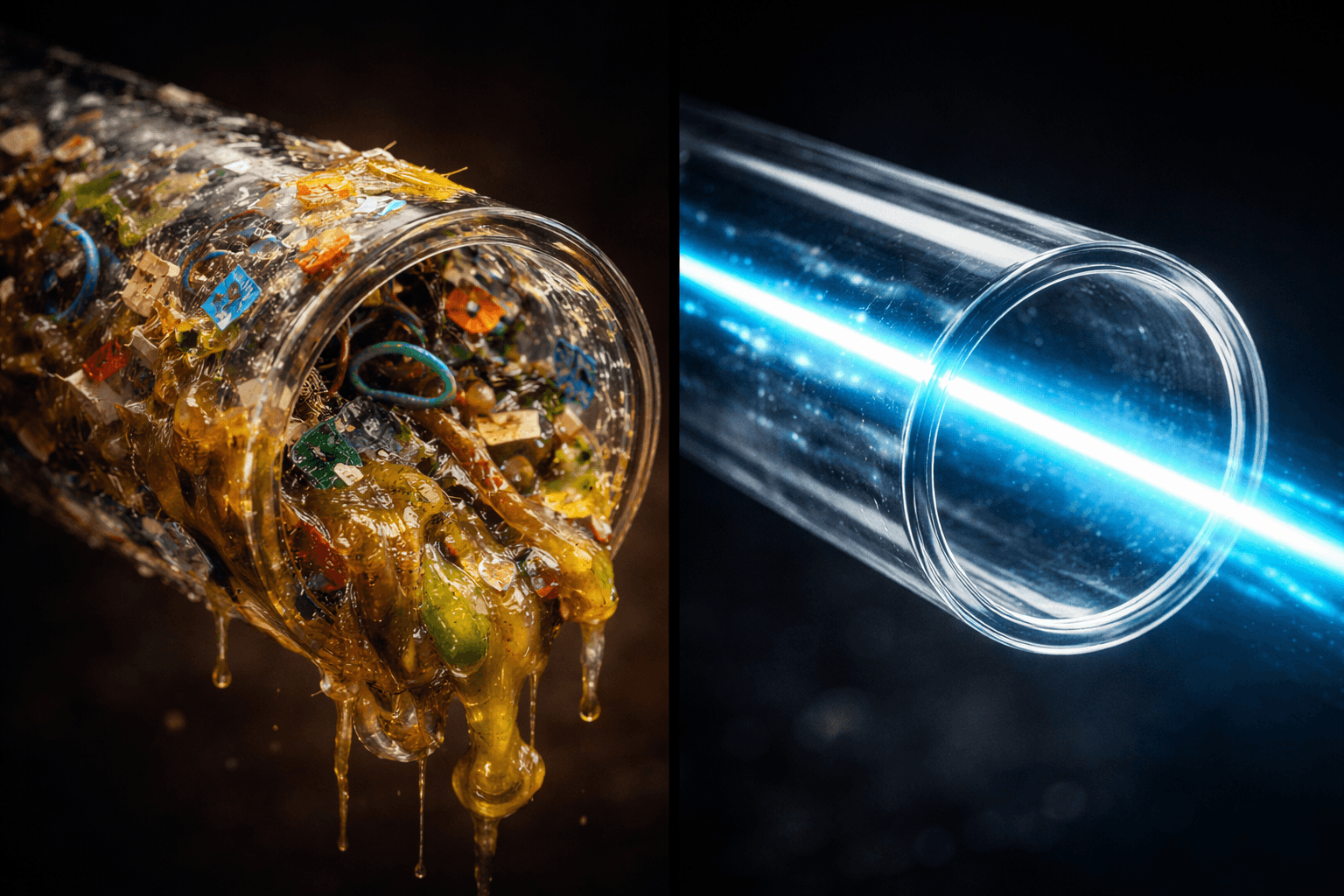 Ein verstopftes Rohrleitungsstück neben einem glatten Hochgeschwindigkeits-Tunnel, symbolisiert Datenfluss und Ladezeiten.