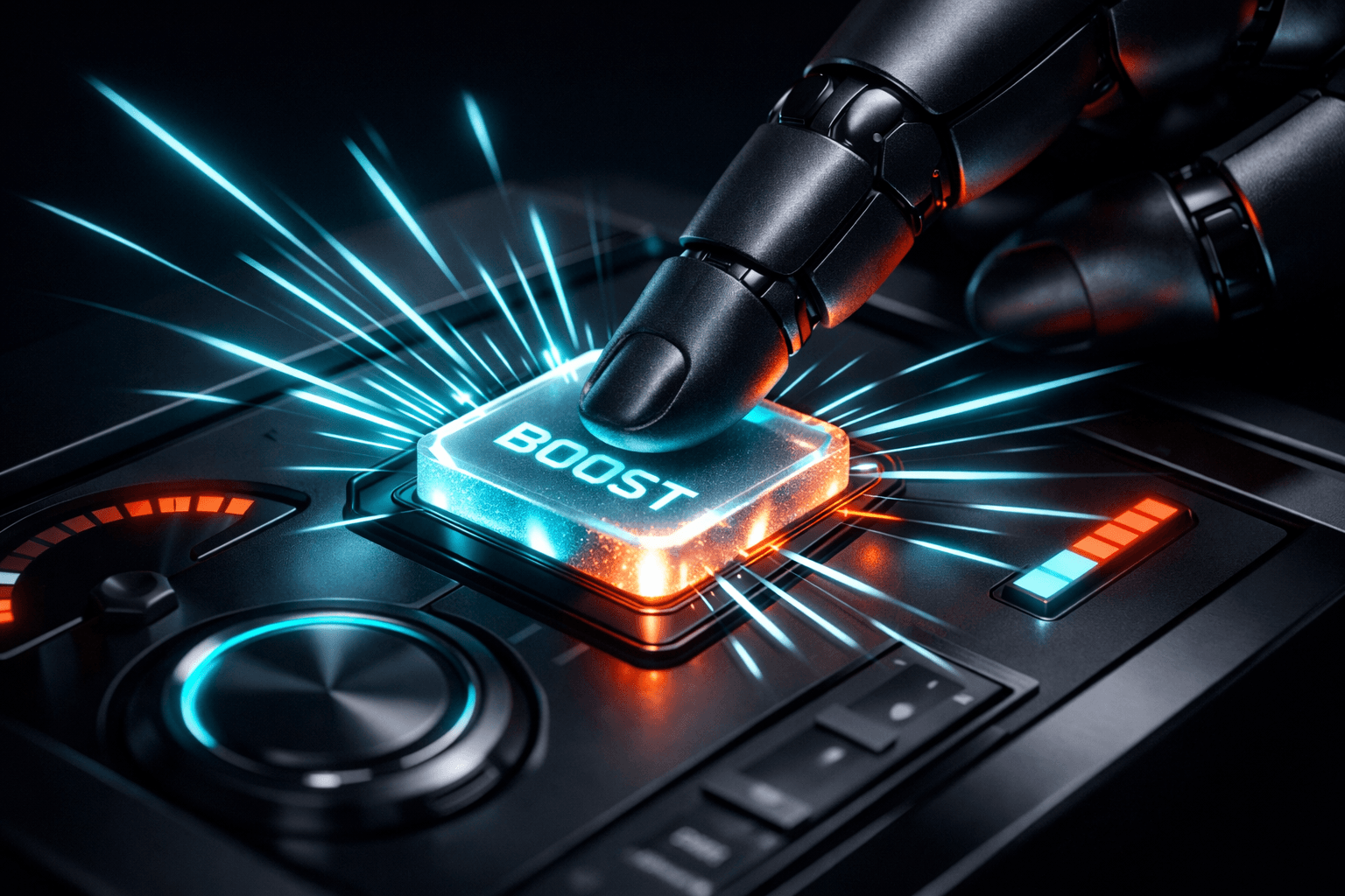 Ein Roboterfinger drückt einen leuchtenden Boost-Knopf auf einem futuristischen Dashboard, Energie strahlt aus.