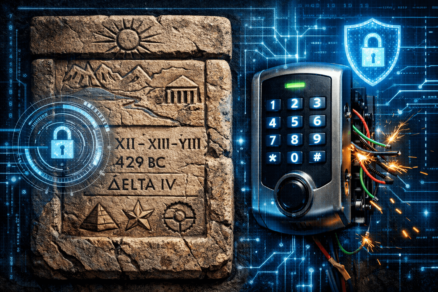 Eine Steinplatte mit Gravur neben einem elektronischen Türschloss mit vielen Kabeln.