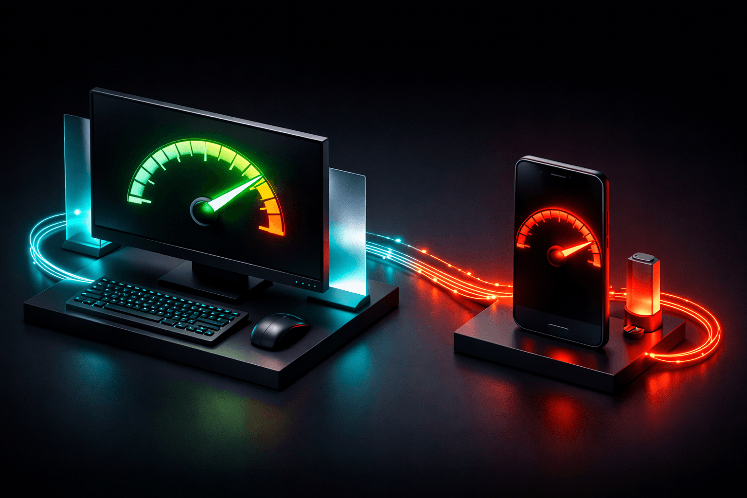 Vergleichsgrafik: Ein Desktop-Monitor zeigt einen grünen Tacho (schnell), ein Smartphone daneben zeigt einen roten Tacho (langsam).