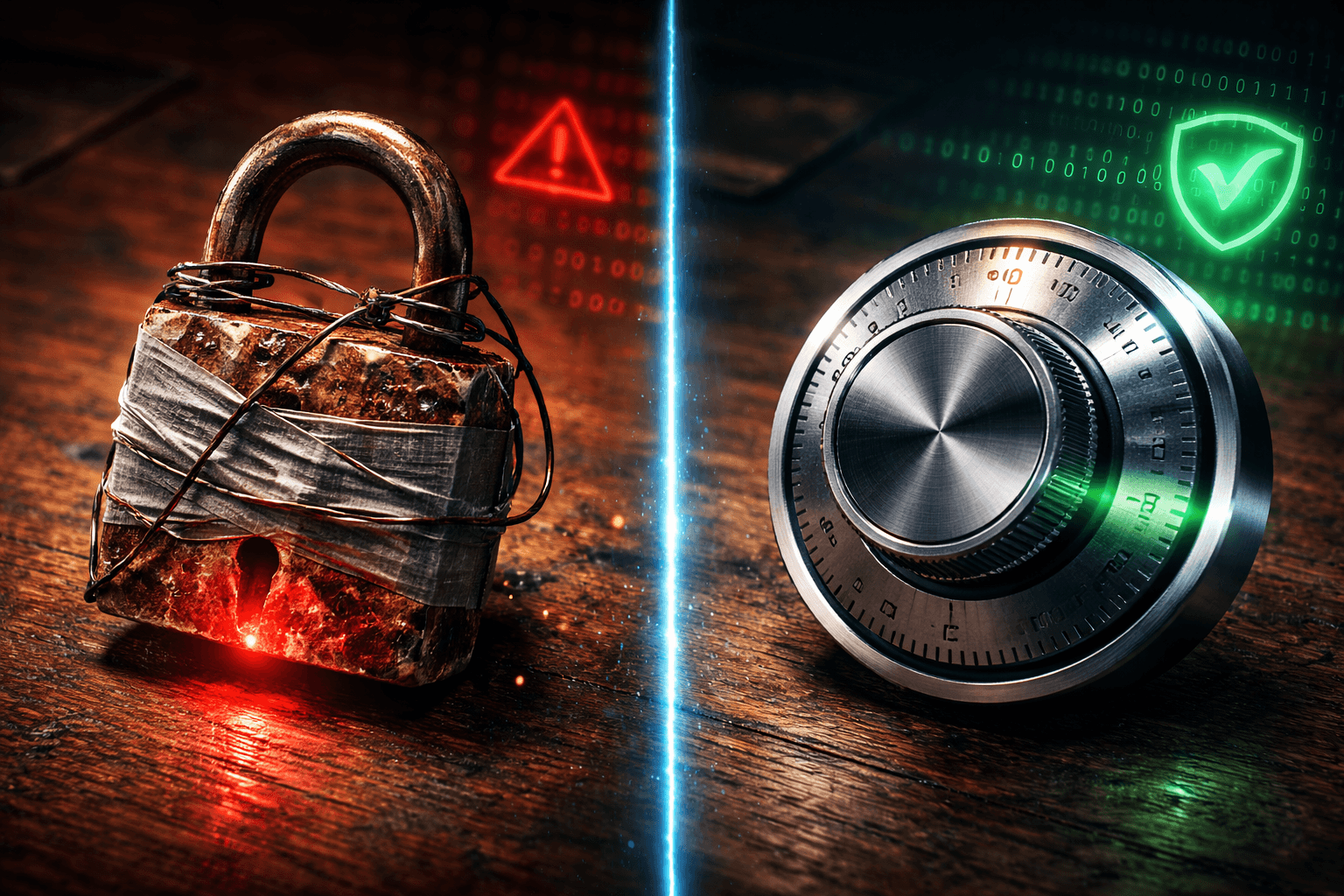 Ein mit Klebeband geflicktes Vorhängeschloss neben einem massiven Stahltresor, beleuchtet von roten und grünen Warnlichtern, symbolisiert CMS-Sicherheit.