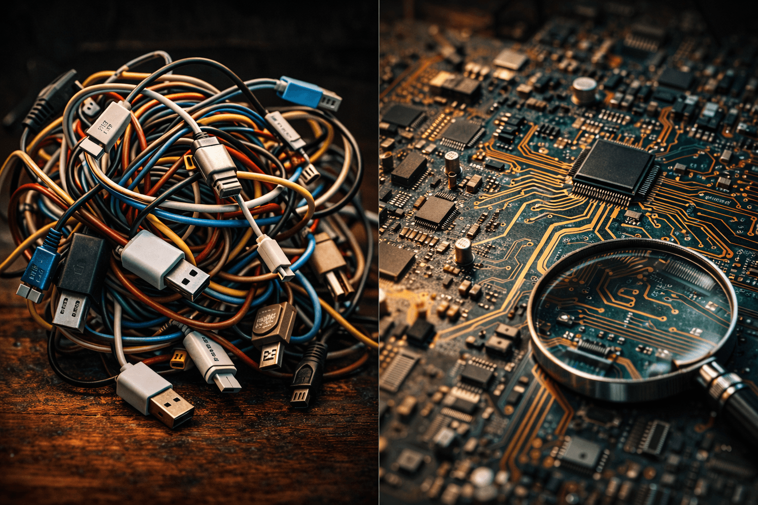 Ein verheddertes Knäuel aus bunten Kabeln im Vergleich zu einer sauber verlegten Platine, symbolisiert Plugin-Abhängigkeit gegenüber Core-Funktionen.