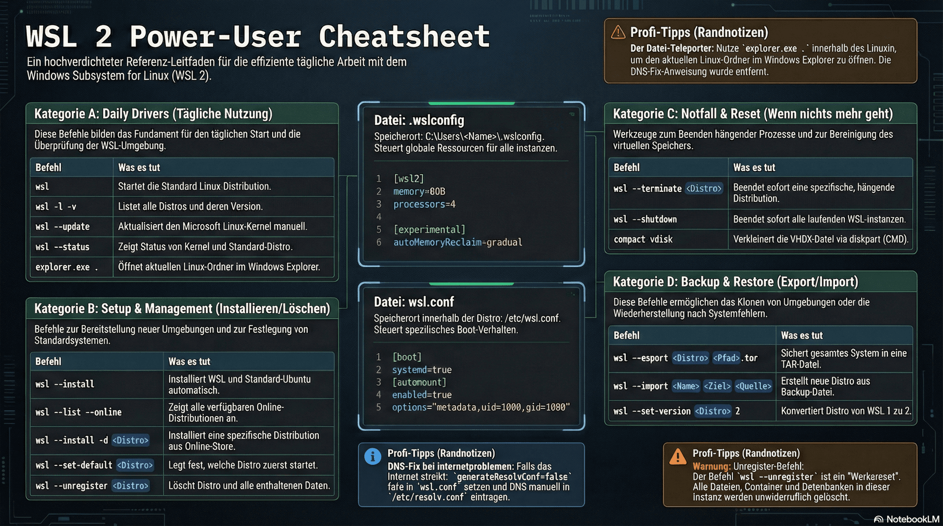 Detaillierte Infografik: Das ultimative WSL Befehle Cheatsheet mit den wichtigsten Codes für Installation, Reset, Backup und Konfiguration (.wslconfig) auf einen Blick.