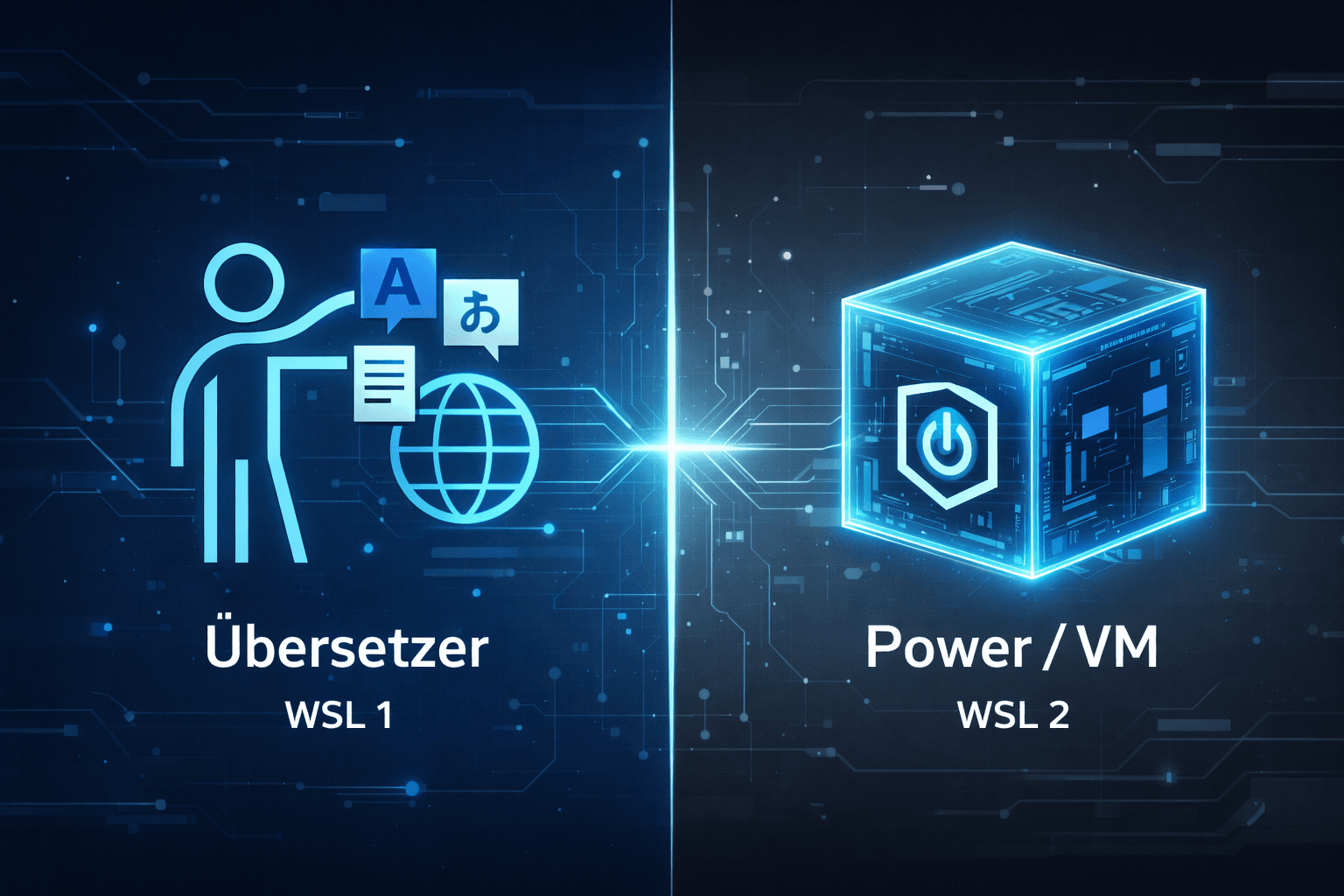 Illustration Vergleich WSL 1 Architektur gegen WSL 2 Virtualisierung