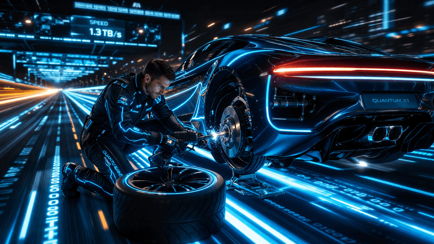 Mechaniker wechselt Reifen an fahrendem Auto als Metapher für Zero-Downtime