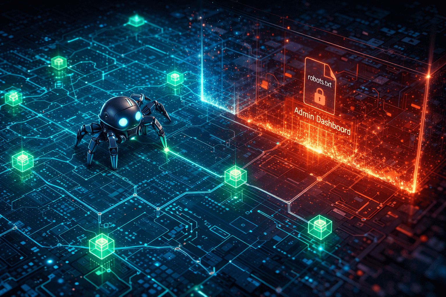 Google-Bot Steuerung mit Sitemap und robots.txt in Next.js Eine digitale Sitemap führt den Google-Bot sicher durch die Webseite, während das Admin-Dashboard blockiert wird.