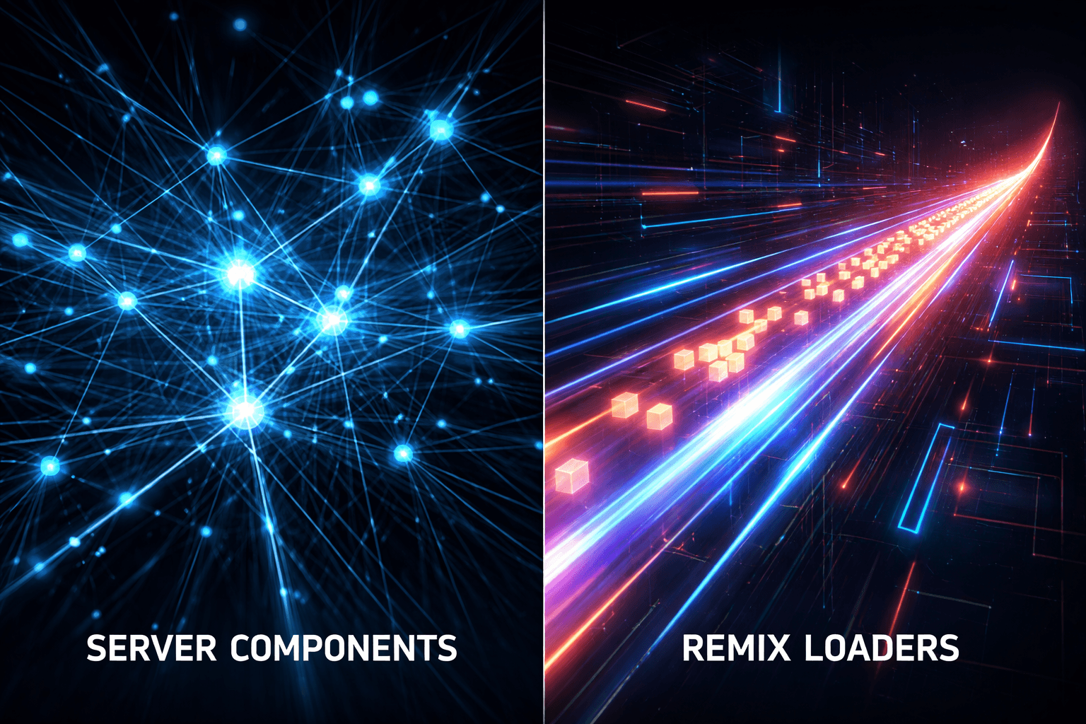 Data Fetching Vergleich: Next.js App Router vs. Remix Loaders Ein geteilter Bildschirm, der zwei Datenströme zeigt – links komplex und netzwerkartig, rechts geradlinig und direkt.