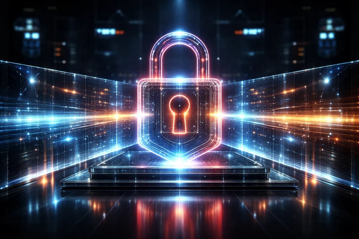 API-Sicherheit: JWT, OAuth2 und robuster Schutz für deine Daten Fotorealistische Darstellung einer undurchdringlichen, digitalen Barriere mit einem leuchtenden holografischen Schloss, das moderne API-Sicherheit und Zugriffskontrolle symbolisiert.