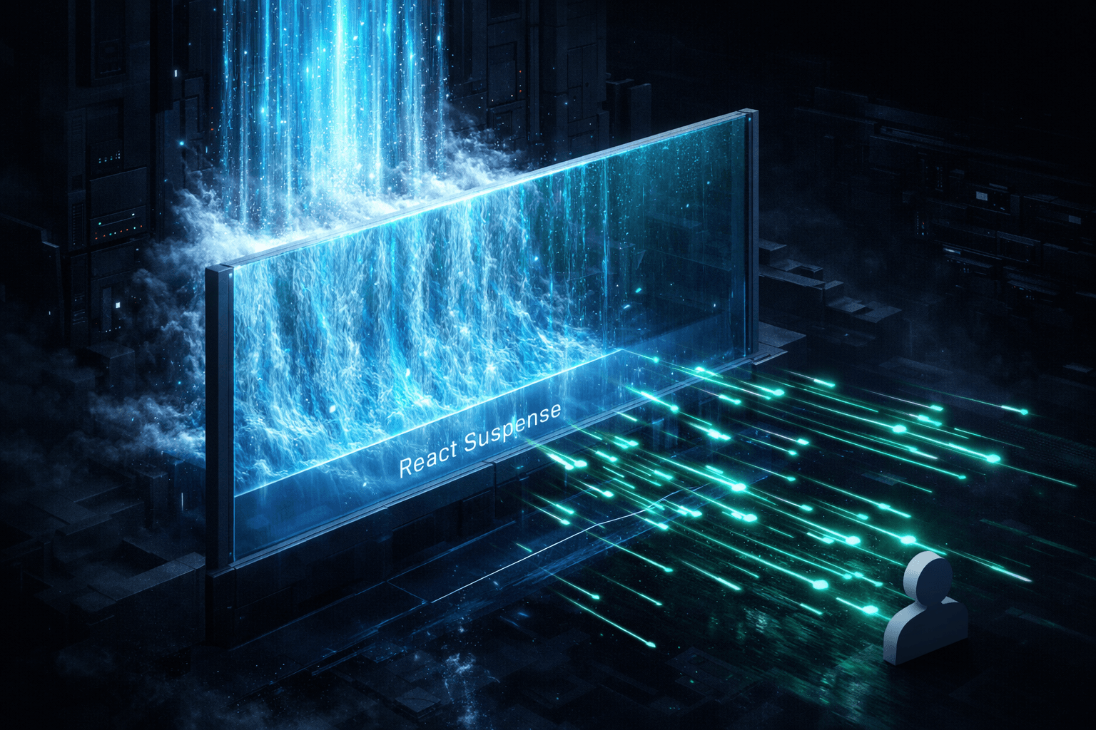 Daten-Streaming und Suspense in Next.js Eine Glaswand namens React Suspense blockiert langsame Daten, während schnelle Daten zum Nutzer fließen.