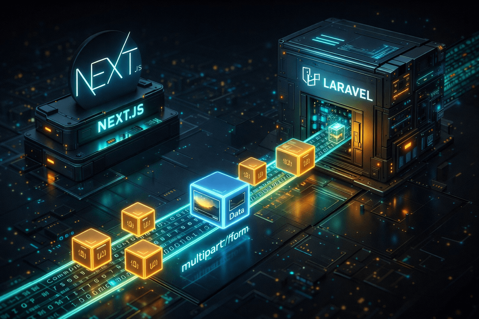 FormData und Axios für Datei-Uploads konfigurieren Ein Diagramm zeigt den Transport von FormData inklusive Bildern von Next.js zu Laravel.