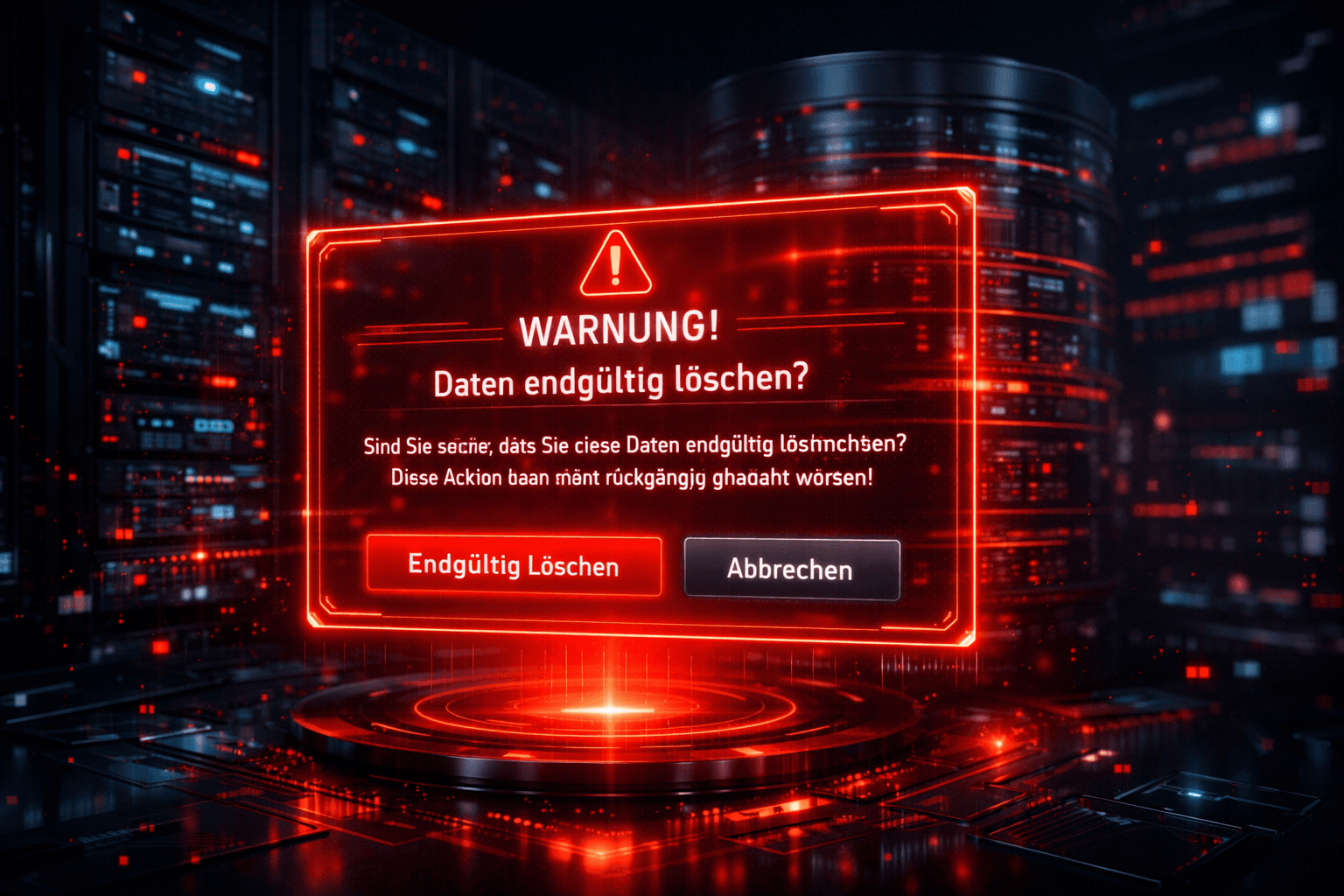 Sicheres Löschen mit shadcn/ui Alert-Dialogen Ein holografischer Warn-Dialog schützt eine Datenbank vor versehentlichem Löschen.
