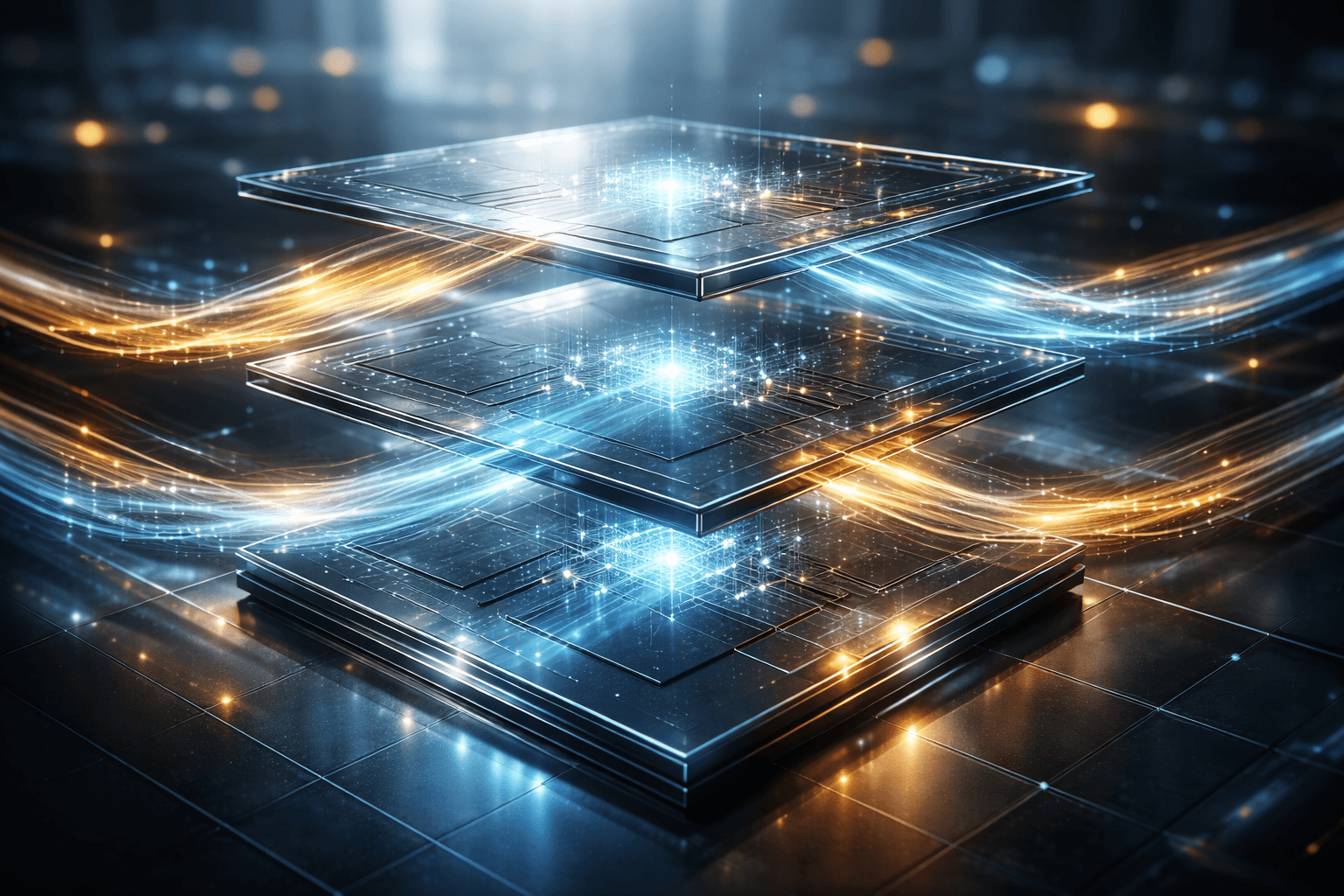 API-Versionierung: Zukunftssicher bauen ohne Breaking Changes Eine fotorealistische 3D-Visualisierung von mehreren transparenten, übereinander schwebenden Architektur-Ebenen, die nahtlose API-Versionierung und Abwärtskompatibilität darstellen.