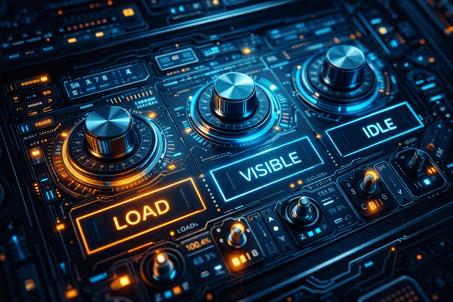 Astro Client Directives: Die volle Kontrolle über Hydratation Eine leuchtende Kommandozentrale mit verschiedenen Schaltern und Reglern, die die präzise Steuerung von JavaScript-Ladezeiten symbolisieren.