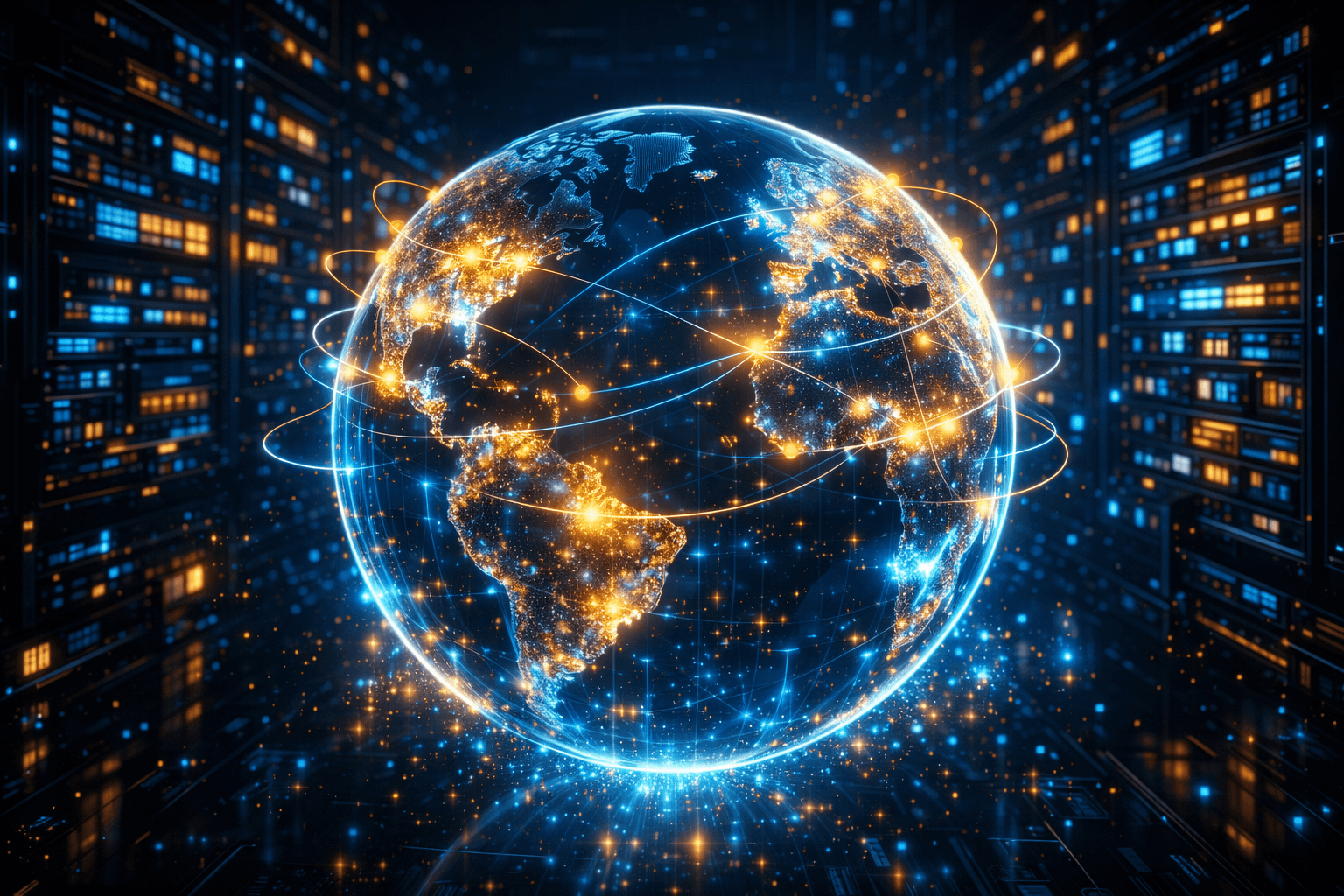 Astro Deployment: Globale Performance an der Edge Ein globales, leuchtendes Netzwerk von Edge-Servern, die Datenpakete über einen holografischen Globus in Millisekunden verteilen.