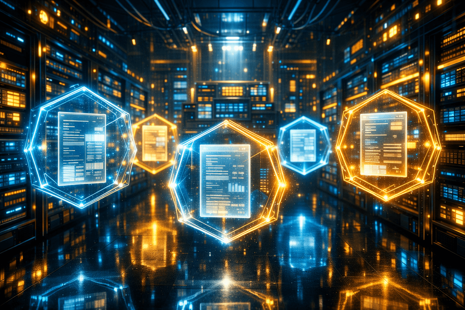 Content Collections in Astro: Typensicherheit für deine Inhalte Ein hochorganisiertes, leuchtendes digitales Archiv, in dem holografische Dokumente von einem Schutzschild aus Code umgeben sind.