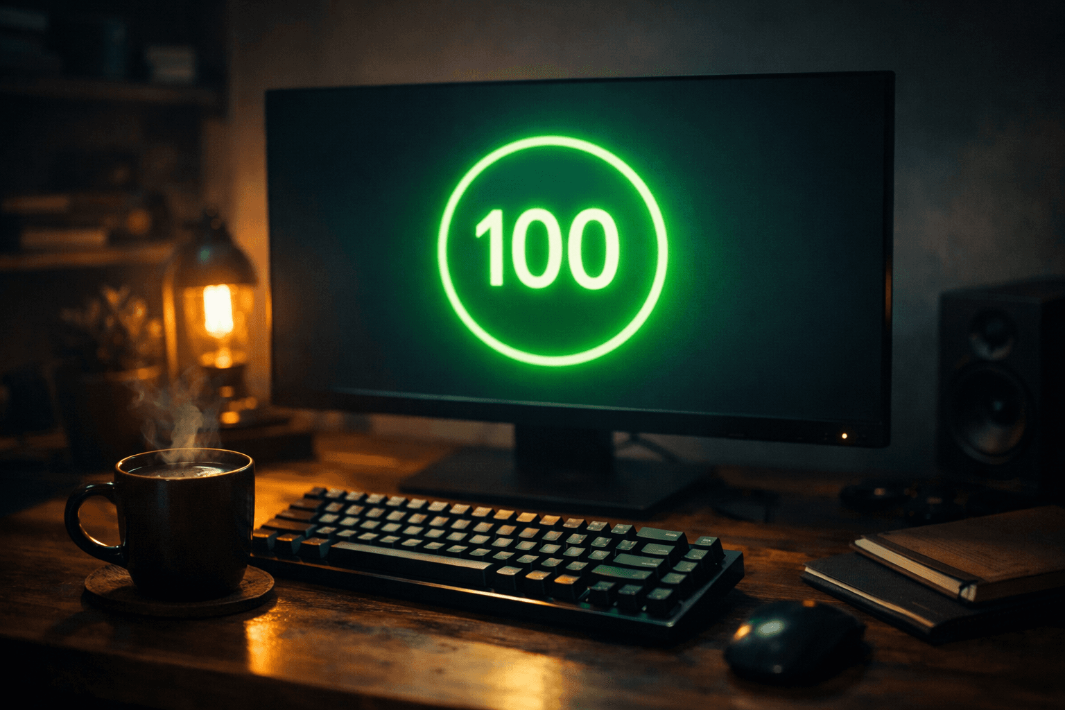 Warum Astro die beste Wahl für deinen Tech-Blog ist Ein gemütlicher, aufgeräumter Entwickler-Schreibtisch mit einem leuchtend grünen Lighthouse-Score von 100 auf dem Monitor.