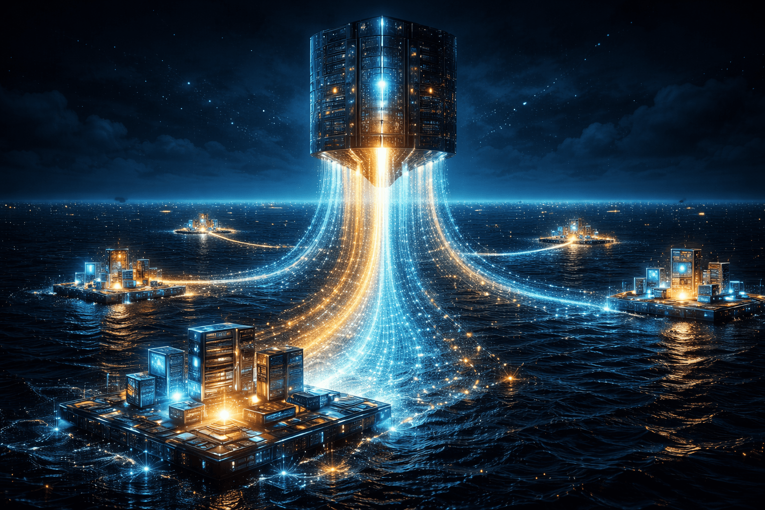 Data Fetching in Astro: Nahtlose Headless CMS Integration Ein gigantischer, schwebender Server-Monolith, aus dem leuchtende Datenströme zielgerichtet auf kleine technologische Inseln herabfließen.