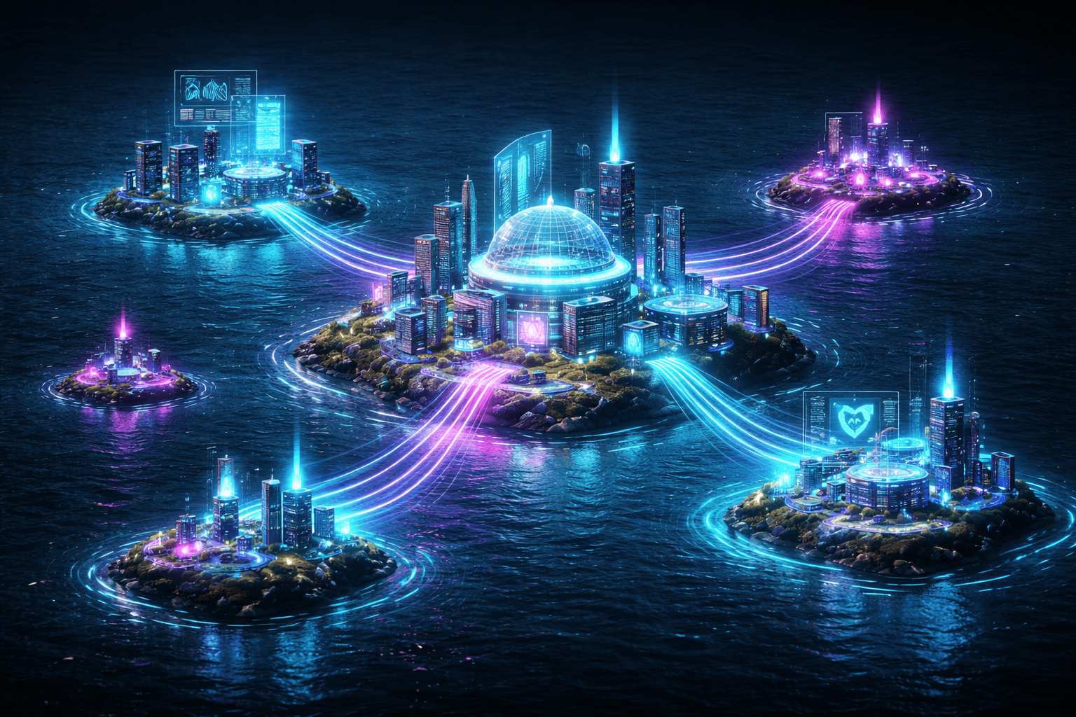 Astro Islands: Interaktive JavaScript-Inseln in einem Meer aus statischem HTML Eine weite, ruhige Wasserfläche, aus der leuchtende, hochtechnologische Inseln herausragen, geschützt durch ein Energiefeld.