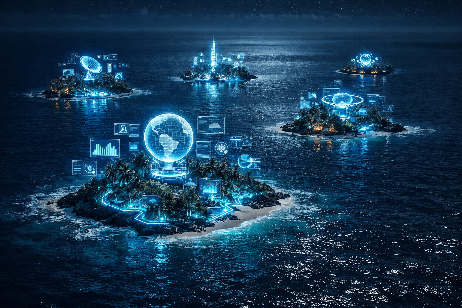 Die Metapher der Astro Islands Architecture Ein ruhiger, dunkler Ozean aus dem leuchtende, hochtechnologische Inseln herausragen, die interaktive Web-Komponenten darstellen.