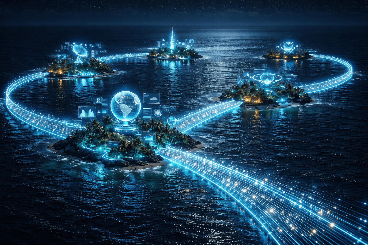 State Management in Astro: Nanostores verbinden isolierte Inseln Leuchtende holografische Datenbrücken, die isolierte technologische Inseln über einen dunklen Ozean hinweg miteinander verbinden.