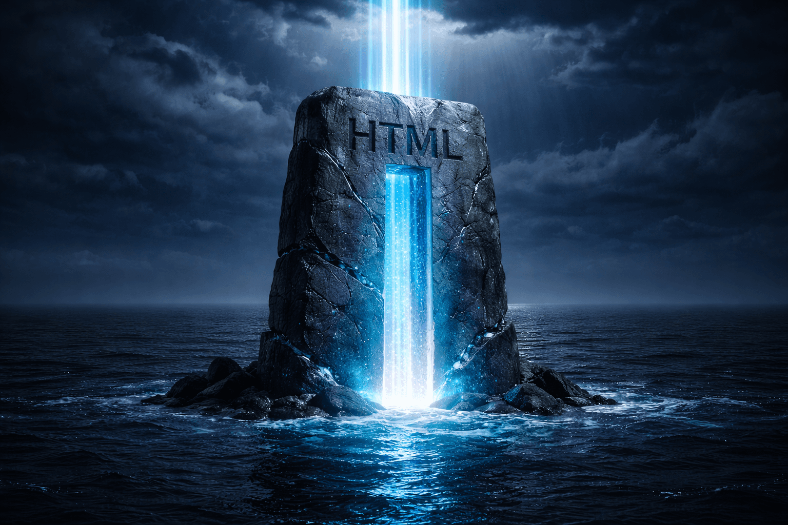 Astro Server Islands: Dynamisches Rendering im statischen HTML Ein massiver, statischer Felsblock im ruhigen Ozean, in den ein leuchtender, blitzschneller Datenstrom aus der Cloud passgenau eingesetzt wird.