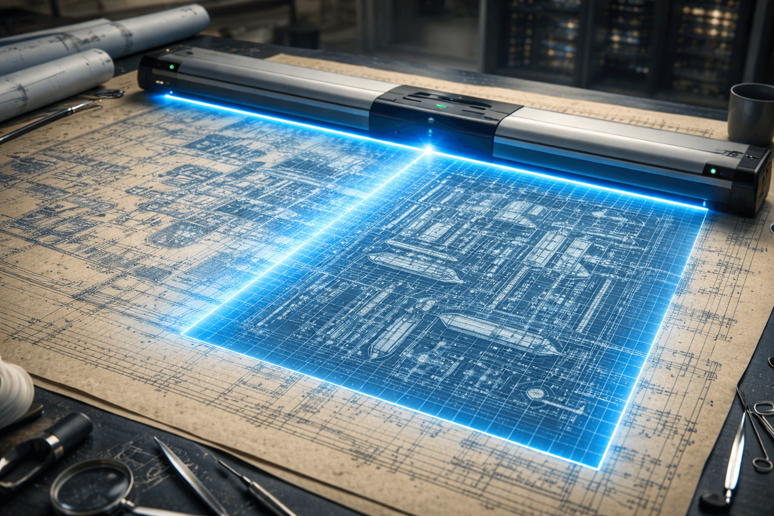 BackstopJS für großflächige Visual Regression Tests Breiter Laser-Scanner prüft alte, komplexe Blaupause in einem Durchgang