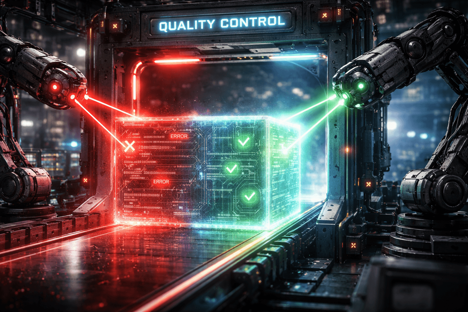 Automatisierte Qualitätskontrolle in der CI/CD-Pipeline Ein futuristisches Kontrolltor scannt digitalen Code mit Lasern und blockiert Fehler