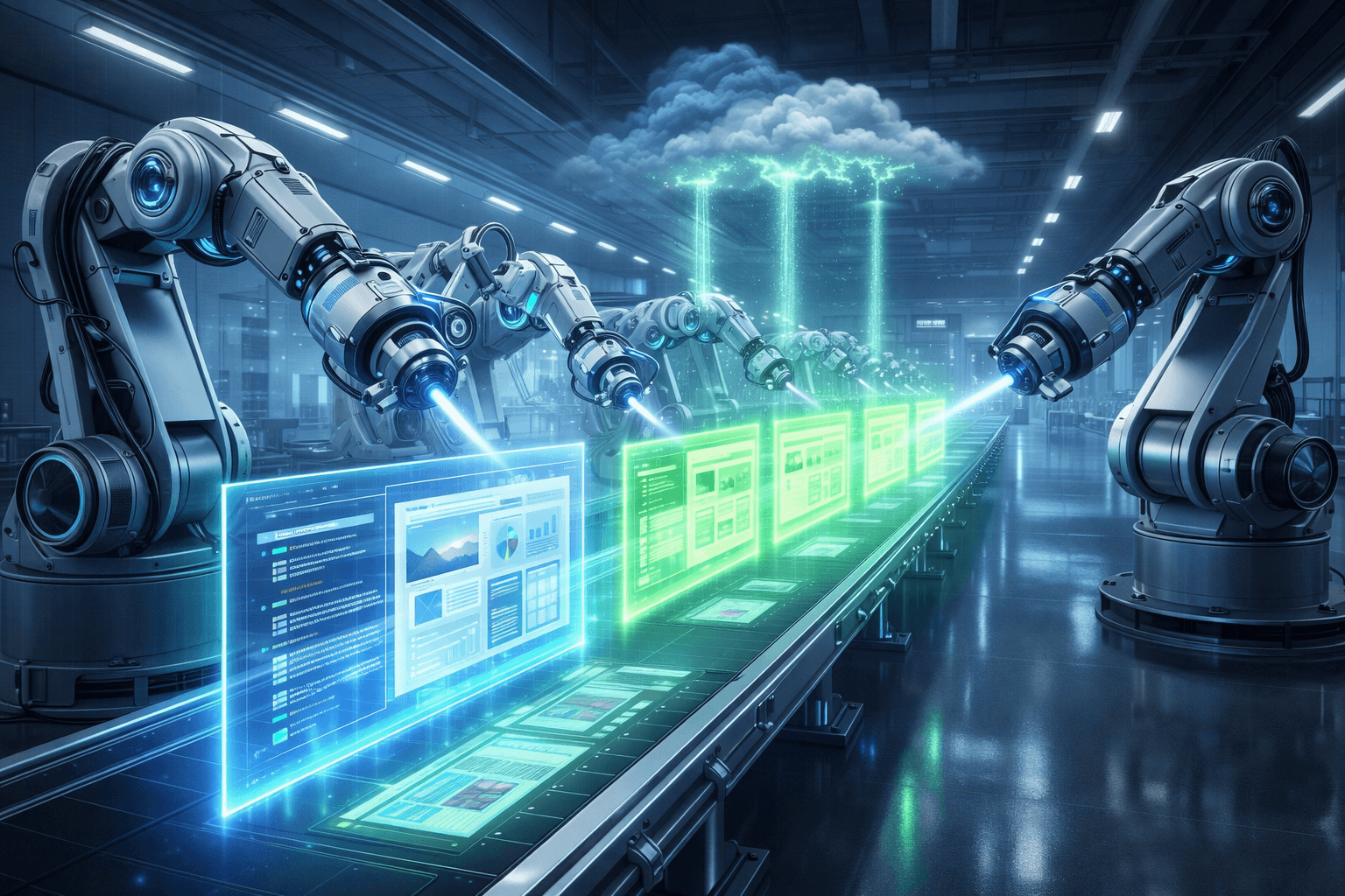 Visuelle Regressionstests in der CI/CD Pipeline automatisieren Automatisierte Roboterarme scannen Webseiten-Code auf einem Fließband