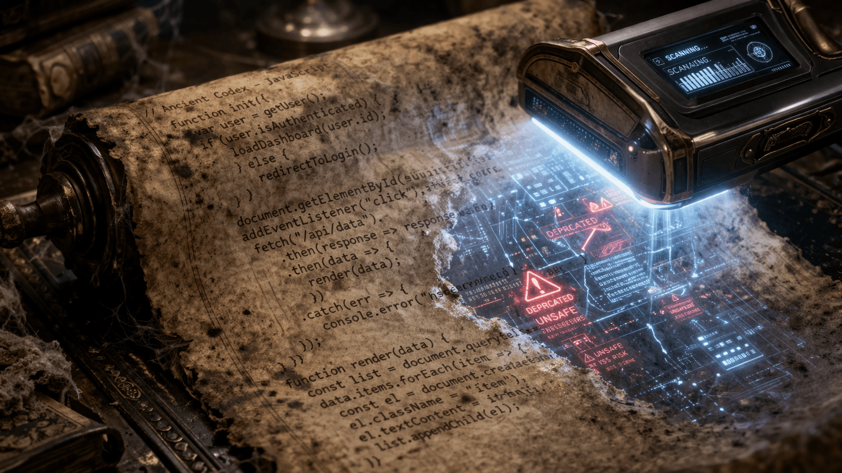 Statische Code-Analyse als Röntgenblick für Legacy-Projekte Ein futuristischer Scanner durchleuchtet alten Programmcode und zeigt verborgene Fehler