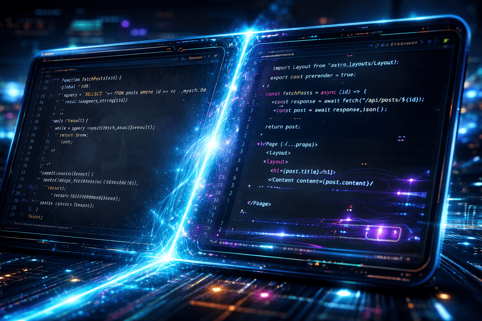Die Brücke im Code: Nginx und Astro im Einklang Ein geteilter Bildschirm, der links monolithischen, verstaubten Code zeigt und rechts leuchtende, saubere Code-Blöcke einer modernen Architektur.