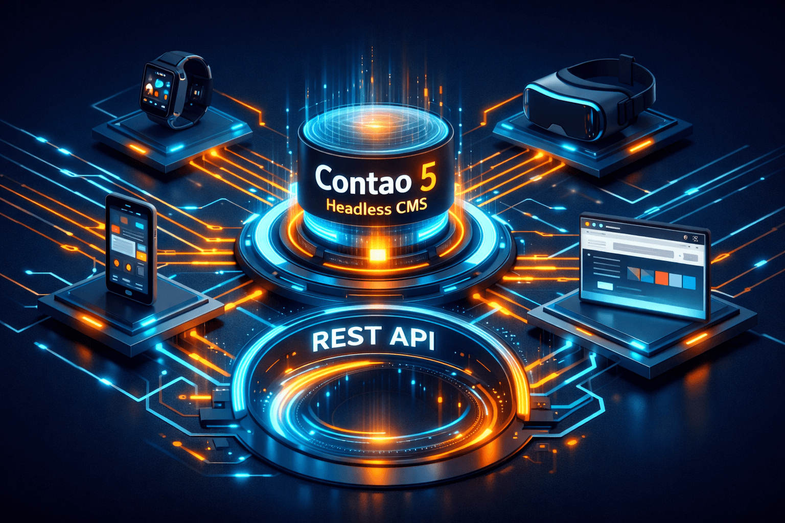 Headless CMS & API-First Architektur Abstrakte Darstellung einer Headless CMS Architektur, bei der ein Backend über eine API verschiedene Frontends bedient