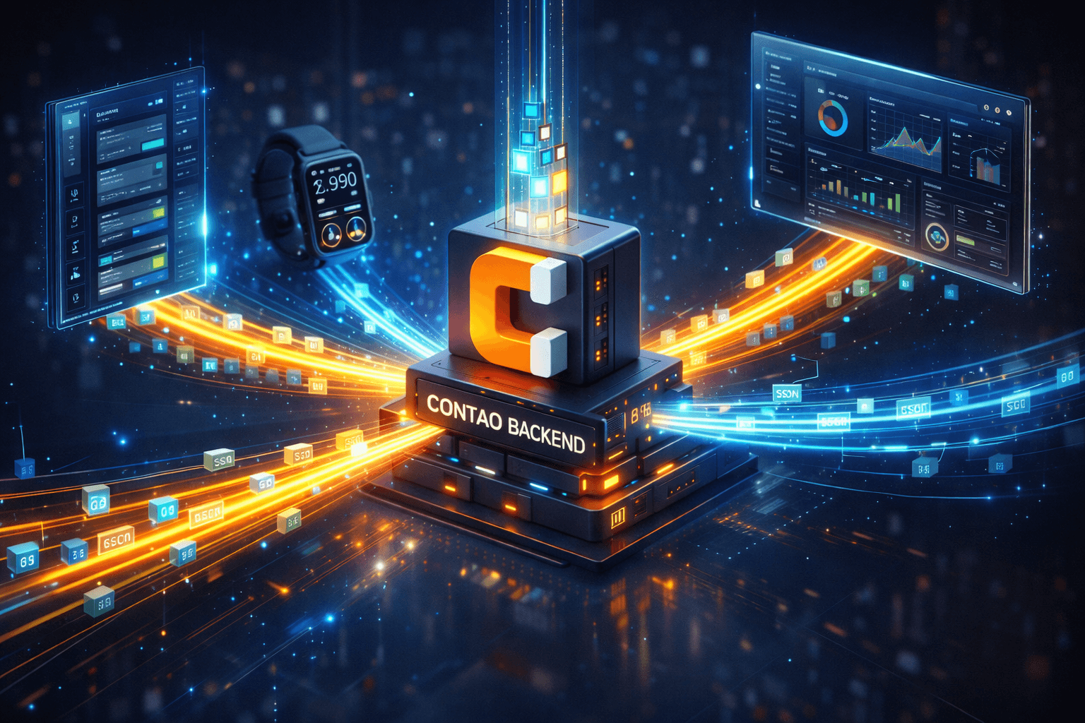 Headless CMS mit Contao 5 und API Platform Abstrakte Darstellung eines Contao 5 Backend-Servers, der über leuchtende API-Schnittstellen Daten an verschiedene Frontends (Mobile, Desktop, IoT) verteilt.