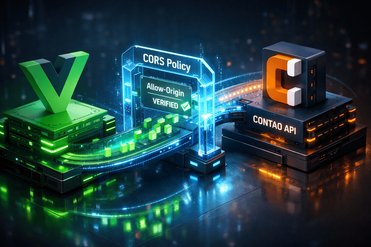 Frontend Integration & CORS Darstellung der Kommunikation zwischen einem Vue.js Frontend und einer Contao API über die CORS-Schranke