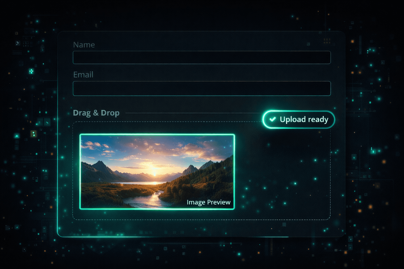 Interaktive Bildvorschau im Next.js Frontend Ein Next.js Formular zeigt eine Live-Vorschau des ausgewählten Bildes.