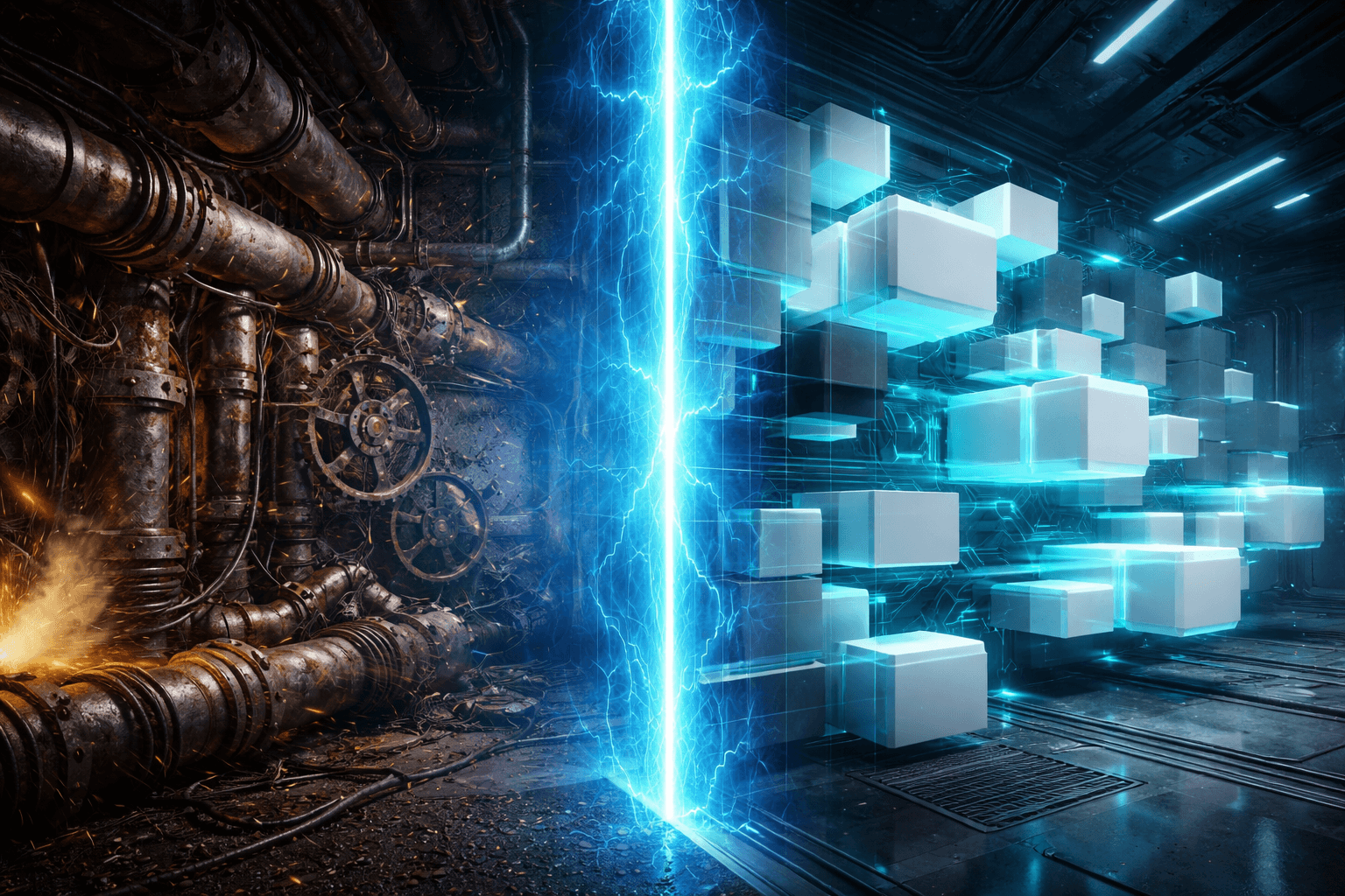 CSS Cascade Layers: Alte und neue Styles sicher trennen Eine gläserne, leuchtende Schutzwand, die eine chaotische, alte Maschinenstruktur von einer sauberen, modernen Architektur trennt.