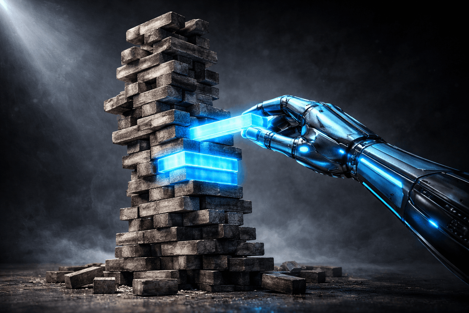 Die Gefahr von globalem CSS: Der wackelige Jenga-Turm Ein wackeliger Jenga-Turm aus altem, verwittertem Holz, der von einer leuchtenden, modernen Roboterhand vorsichtig stabilisiert und umgebaut wird.