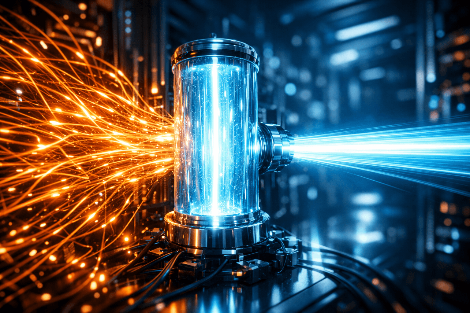 Datenbank-Performance optimieren: N+1 Probleme lösen und Caching meistern Fotorealistische Visualisierung eines blitzschnellen Datenflusses durch einen leuchtenden Cache-Speicher, der einen massiven Datenstau auflöst.