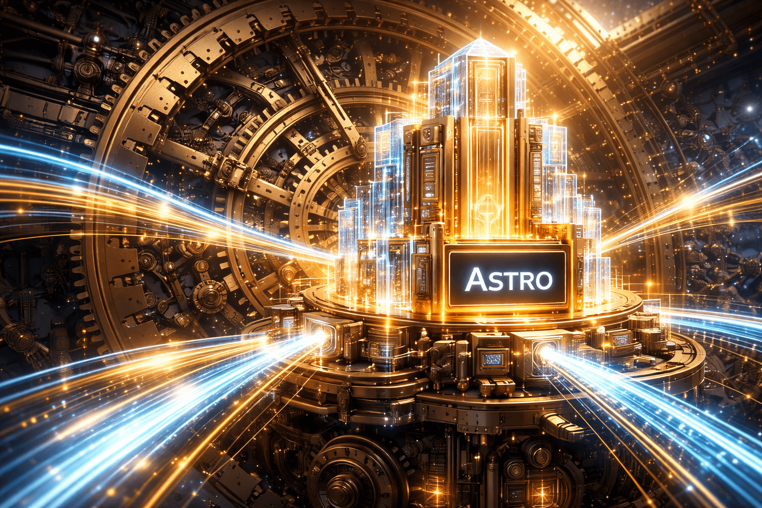 Erfolgreicher Go-Live mit Astro und Nginx Ein leuchtender, goldener Server-Knotenpunkt, der nahtlos und harmonisch mit einer älteren, mechanischen Infrastruktur verbunden ist.