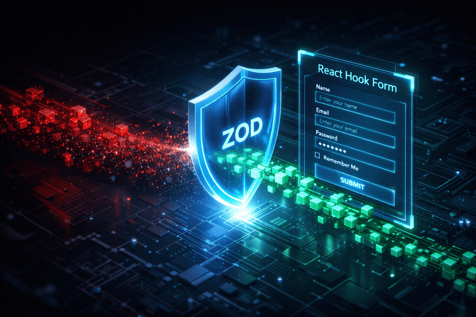 Strikte Datenvalidierung mit Zod Ein digitales Zod-Schutzschild filtert fehlerhafte Daten vor dem React Hook Form ab.
